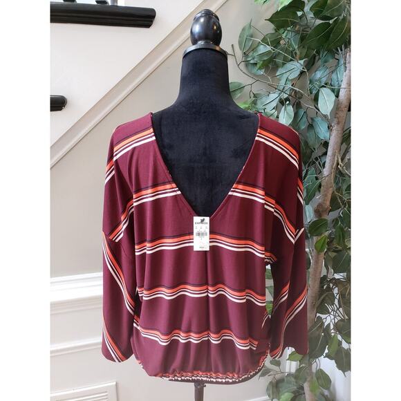 Express Blouse Top Women's Large Red Striped Elastic Waist Long Sleeve V Neck - Picture 4 of 13